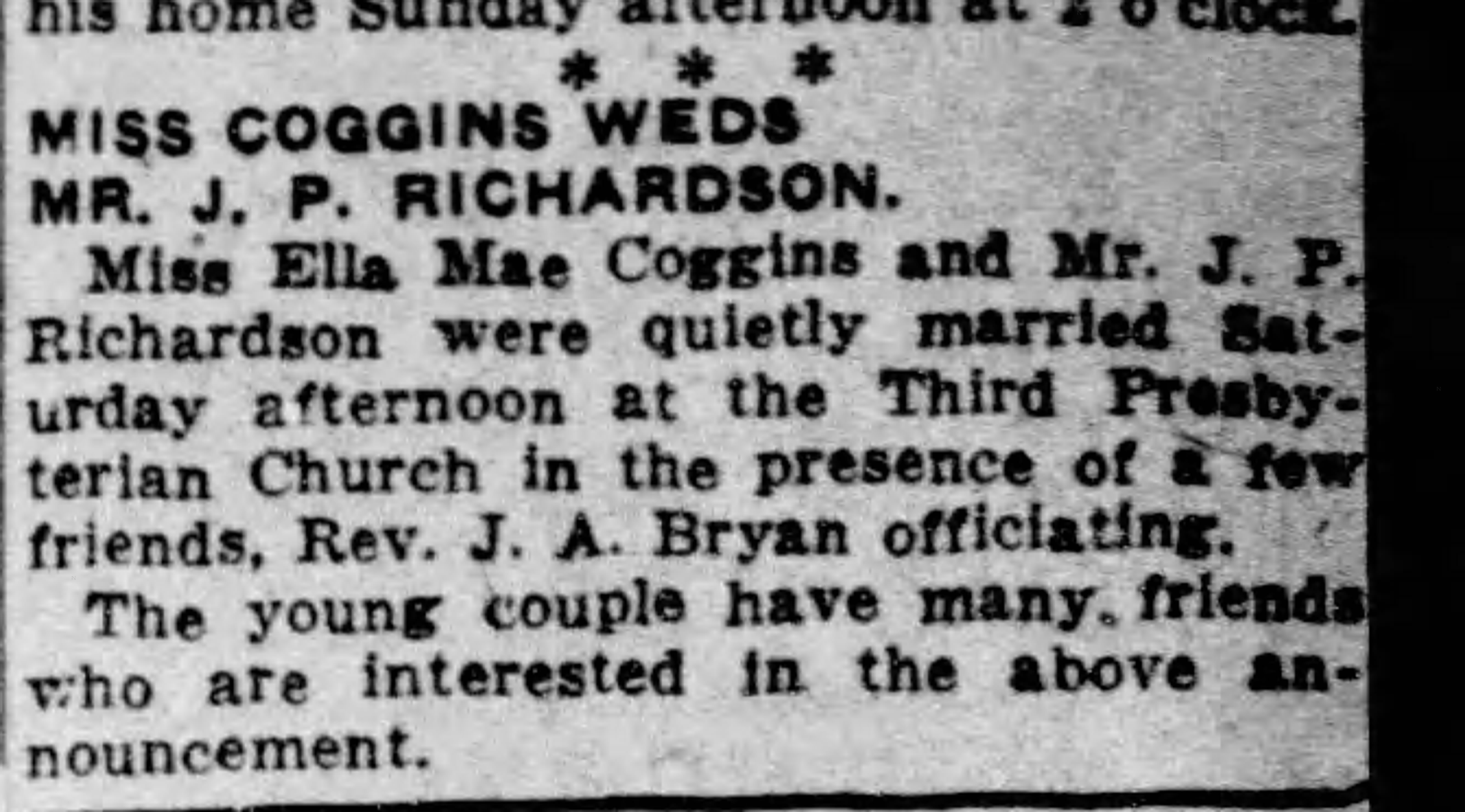 Miss Coggins Weds Mr J.P. Richardson